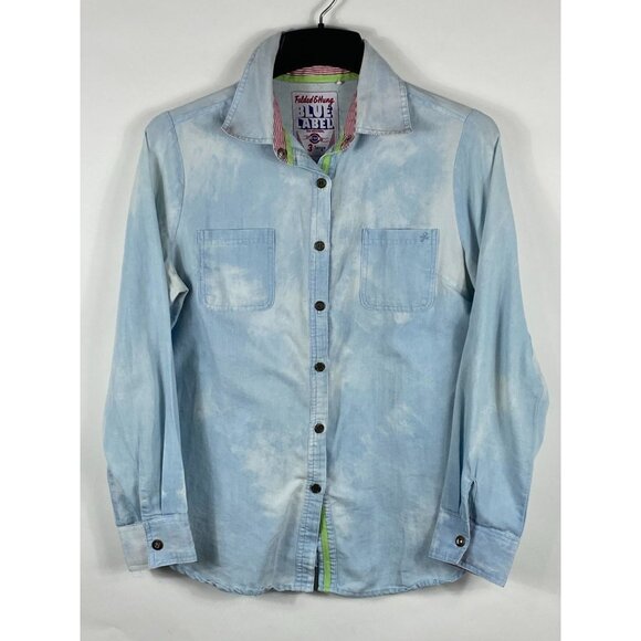VTG Folded & Hung Blue Label Acid Wash Button-Up Long Sleeve Shirt Blue 3 L F101 - Picture 1 of 4